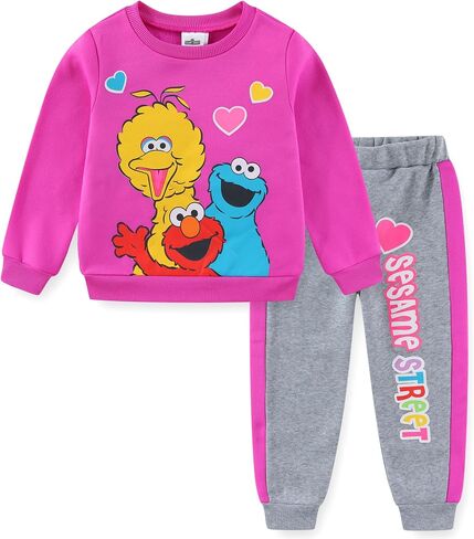Sesame Street Girl's 2 Piece Jogger Set with Long Sleeve Shirt and Sports Pants, Pink/Grey in Kuwait
