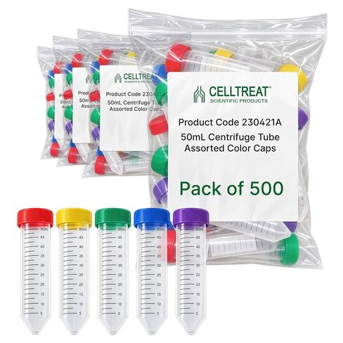 CELLTREAT 230421A 50 mL Centrifuge Tube, Assorted Color Cap - Bag, Sterile, Polypropylene (Pack of 500) in Saudi Arabia