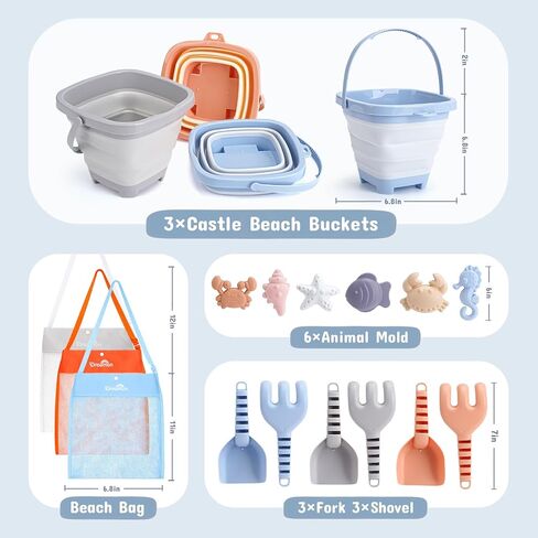 Beach Toys Set, 3 Collapsible Sand Buckets & Shovels Set for Toddlers Kids in Saudi Arabia
