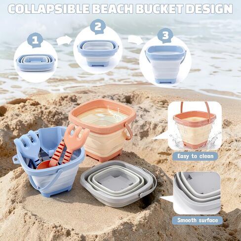 Beach Toys Set, 3 Collapsible Sand Buckets & Shovels Set for Toddlers Kids in Saudi Arabia