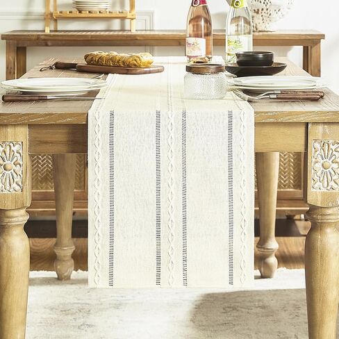 Rustic Linen Table Runner, Boho Farmhouse Hollow Table Runners 90 Inches Long for Kitchen Dining Room Party Bedroom Dresser Decor, Brown, 13x90 Inches in Kuwait