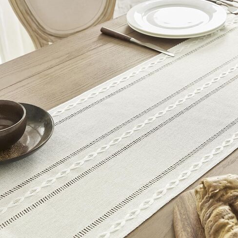 Rustic Linen Table Runner, Boho Farmhouse Hollow Table Runners 90 Inches Long for Kitchen Dining Room Party Bedroom Dresser Decor, Brown, 13x90 Inches in Kuwait
