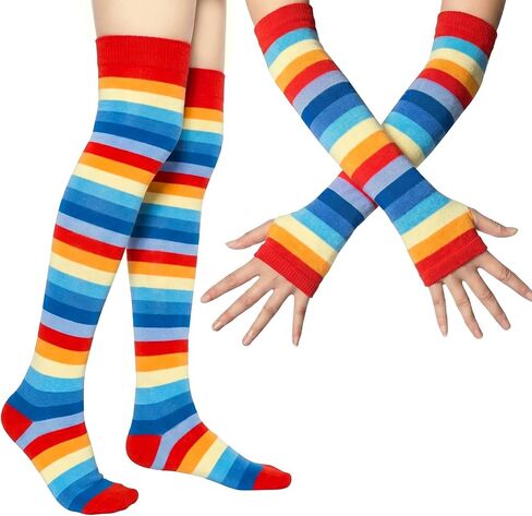 Womens Rainbow Socks Striped Knee High Socks Arm Warmer Fingerless Gloves Set in Kuwait