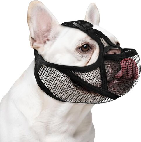OHCOZZY French Bulldog Muzzle with Soft Mesh, Allows Tongue Extension -Open Eye Hole Short Snout Dog Muzzle for Biting Prevention, Drinking & Feeding(M,Black) in Kuwait