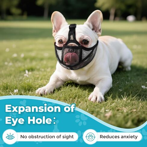 OHCOZZY French Bulldog Muzzle with Soft Mesh, Allows Tongue Extension -Open Eye Hole Short Snout Dog Muzzle for Biting Prevention, Drinking & Feeding(M,Black) in Kuwait