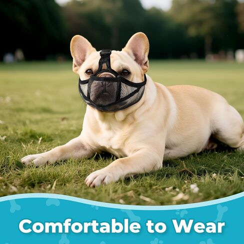 OHCOZZY French Bulldog Muzzle with Soft Mesh, Allows Tongue Extension -Open Eye Hole Short Snout Dog Muzzle for Biting Prevention, Drinking & Feeding(M,Black) in Kuwait