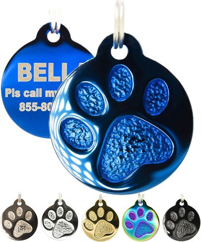 Engraved Cat Tags - Personalized with 4 Lines of Custom Engraved ID, Round Paw Print Solid Plating Stainless Steel in 5 Colors: Gold, Rose Gold, Blue, Black, Nebula in Saudi Arabia