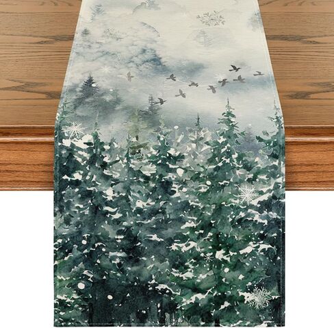Artoid Mode Green Tree Snow Christmas Table Runner, Seasonal Winter Holiday Kitchen Dining Table Decoration for Home Party Decor 13x72 Inch in Kuwait