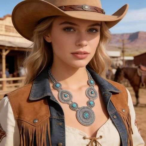 NLCAC Turquoise Statement Necklace Boho Squash Blossom Concho Pendant Collar Bib Necklace Western Turquoise Jewelry for Women in Kuwait