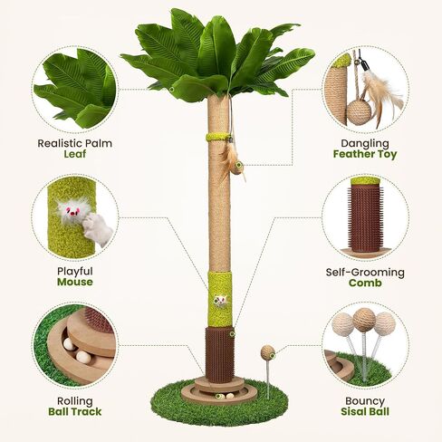 37'' Tall Cat Scratching Post, Sturdy Cat Tree Tower with Plush Perch, Hanging Toy & Interactive Wooden Ball, Durable Sisal Scratcher for Indoor Cats and Kittens in Kuwait