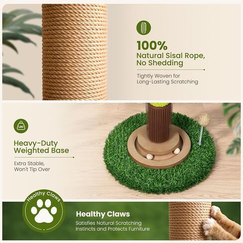 37'' Tall Cat Scratching Post, Sturdy Cat Tree Tower with Plush Perch, Hanging Toy & Interactive Wooden Ball, Durable Sisal Scratcher for Indoor Cats and Kittens in Kuwait
