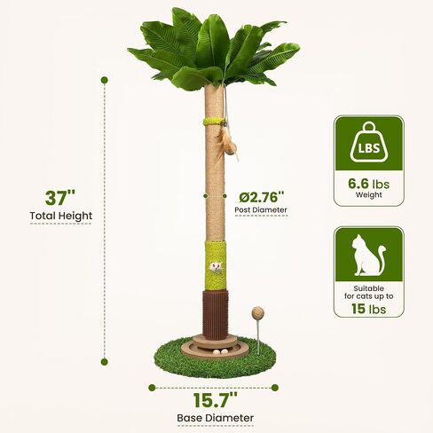 37'' Tall Cat Scratching Post, Sturdy Cat Tree Tower with Plush Perch, Hanging Toy & Interactive Wooden Ball, Durable Sisal Scratcher for Indoor Cats and Kittens in Kuwait