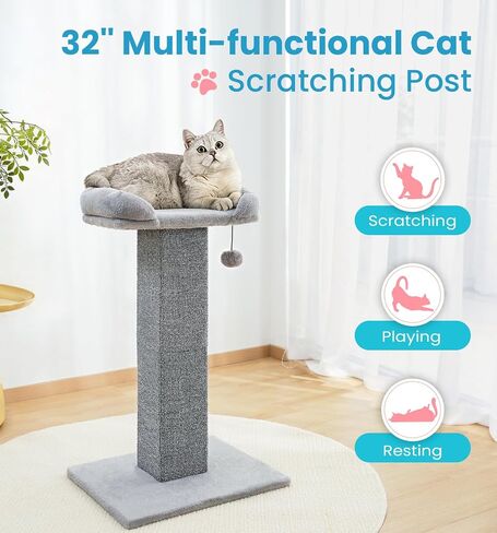 Made4Pets 32" Carpet Cat Scratching Post with Bed for Indoor Cats, Grey in Kuwait