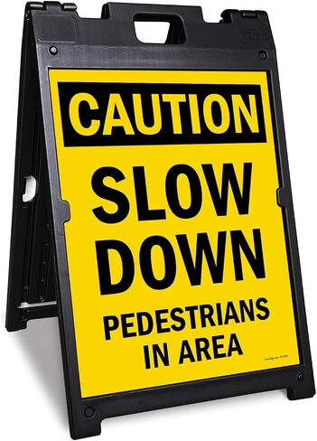 SmartSign 24 x 18 inch “Caution - Slow Down, Pedestrians In Area" Two-Sided BabyBoss A-Frame Sign Kit, Plastic, Black and Yellow (1 A-Frame + 2 Sign Panels), Made in USA in Saudi Arabia