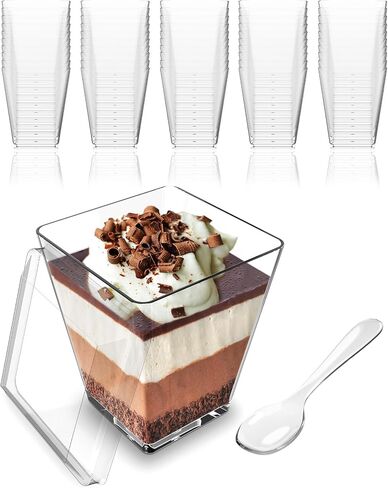 Mini Dessert Cups with Lids and Spoons (50 PACK) (Gold Spoons) – 5 oz Plastic Appetizer Cups for Parfait – Reusable Mini Square Dessert Cups for Events, Parties, & More - BPA Free Catering Supplies in Kuwait