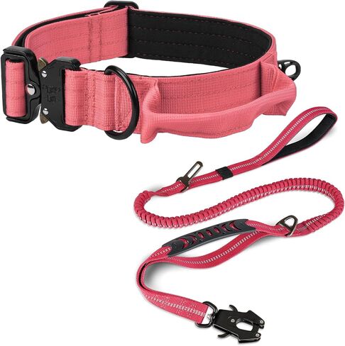 Joytale Heavy Duty Dog Collar with Handle and Tactical Dog Leash – Tactical Collar with Quick-Release Buckle & 4-6FT Bungee Leash, AirTag Case, Padded Handles for Large Dogs,Pink in Saudi Arabia