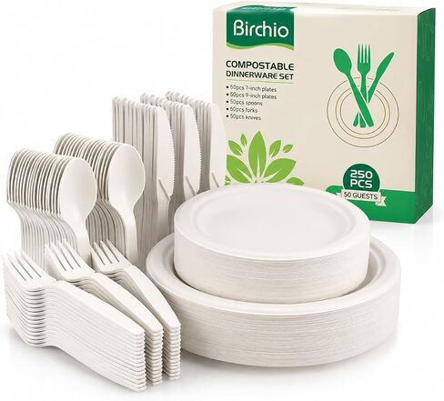 BIRCHIO 250 Piece Biodegradable Paper Plates Set (EXTRA LONG UTENSILS), Disposable Dinnerware Set, Eco Friendly Compostable Plates & Utensil include Plates, Forks, Knives and Spoons for Party in Kuwait