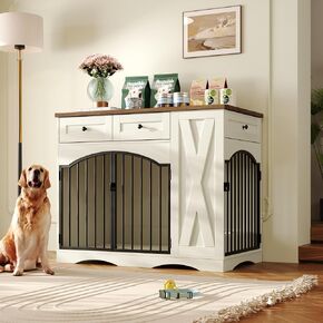 43.3" Dog Crate Furniture, Wooden Dog Kennel with 3 Drawers, Beige in Kuwait