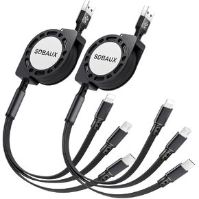 SDBAUX 2Pack Multi USB Charger Cable Retractable 3 in 1 Multiple Charging Cord Adapter with Mini Type C Micro USB Port Connectors Compatible with Cell Phones Tablets Universal Use (3.3ft/Gray) in Kuwait