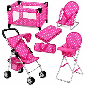 fash n kolor 4 Piece Baby Doll Play Set Flower Design Includes - Foldable Pack N Play, Baby Doll Stroller, Baby Doll High Chair, Infant Seat, Fits Up to 18'' Doll 4 Piece Doll Accessories Set in Kuwait