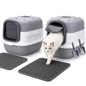 Litter Box with Lid, Enclosed Litter Box 2 Pack, 20″×15″×15″, Mat & Scoop in Kuwait