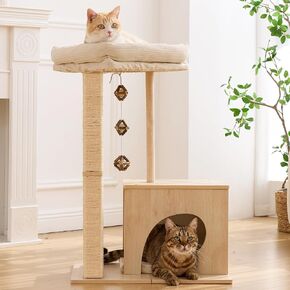 FUKUMARU Retro-Modern Cat Tree, Small Wooden Cat Tower with Post and Condo in Kuwait
