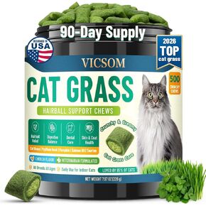 VICSOM Cat Grass Treats for Indoor Cats, Hairball Treats for Cats 500 Chews in Kuwait