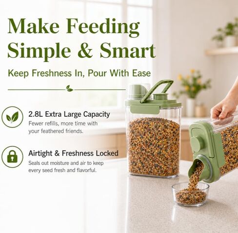 2 Pcs 3 Qt/2.8 L Bird Seed Storage Containers, Plastic Airtight Bird Food Container with Lids and Measuring Cups, Clear BPA-Free Pet Food Dispenser with Handle for Cereal, Grain, Flour, Green in Saudi Arabia
