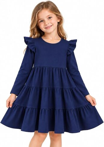 HILEELANG Girl Long Sleeve Dress Ruffle Solid Color Cotton Casual Tiered Pleated Twirly Dress in Kuwait