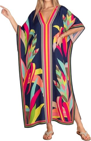 Eddoyee Women Long Print Swimwear Cover Up Sexy V Neck Side Split Beach Caftans Lounge Dresses in Saudi Arabia