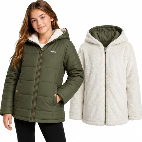 سترة DKNY للفتيات - معطف باركا مبطن ثقيل الوزن ذو وجهين مع بطانة من الشيربا - سترة ذات وجهين للفتيات (4-16) in Kuwait