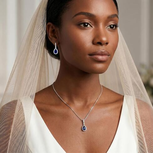 Mariell Bridal Wedding Necklace and Earring Set, Sapphire Blue CZ Pendant and Drop Earrings for Brides in Kuwait