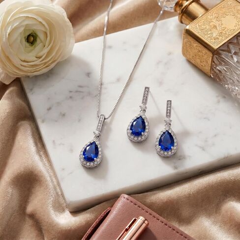 Mariell Bridal Wedding Necklace and Earring Set, Sapphire Blue CZ Pendant and Drop Earrings for Brides in Kuwait