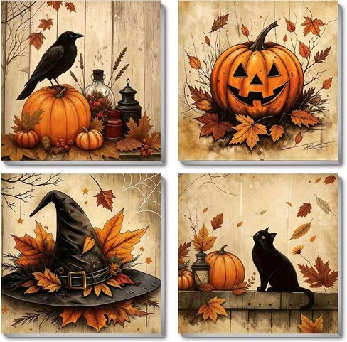 KYOQFVN 4 Pack Paint by Numbers Kit for Adults with Frame - Pumpkin Halloween Paint by Number - Witch Hat Painting by Number Kits, DIY Acrylic Oil Painting Kits for Home Wall Decor (8X8inch) in Saudi Arabia