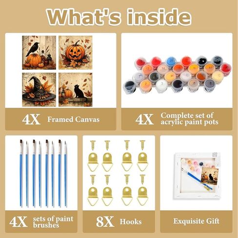 KYOQFVN 4 Pack Paint by Numbers Kit for Adults with Frame - Pumpkin Halloween Paint by Number - Witch Hat Painting by Number Kits, DIY Acrylic Oil Painting Kits for Home Wall Decor (8X8inch) in Saudi Arabia