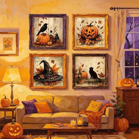 KYOQFVN 4 Pack Paint by Numbers Kit for Adults with Frame - Pumpkin Halloween Paint by Number - Witch Hat Painting by Number Kits, DIY Acrylic Oil Painting Kits for Home Wall Decor (8X8inch) in Saudi Arabia