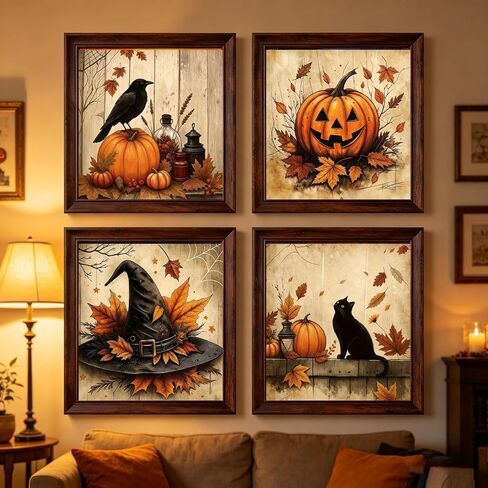 KYOQFVN 4 Pack Paint by Numbers Kit for Adults with Frame - Pumpkin Halloween Paint by Number - Witch Hat Painting by Number Kits, DIY Acrylic Oil Painting Kits for Home Wall Decor (8X8inch) in Saudi Arabia