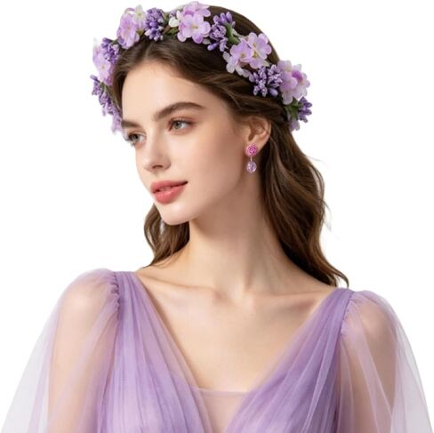Purple Flower Girl Headpiece with Clip On Earrings Flower Crown Headband for Women Halloween Costume Accessories in Kuwait