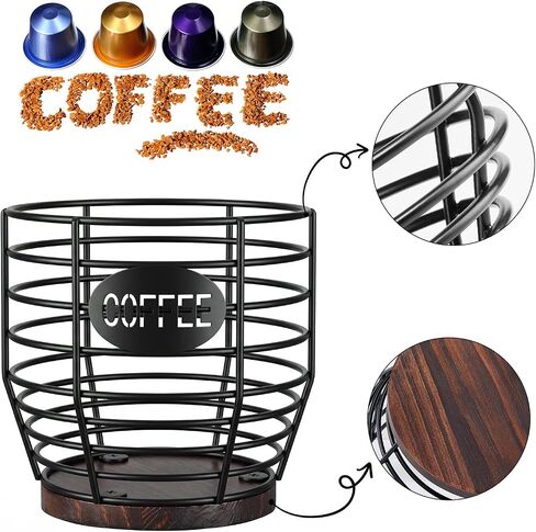 Yangbaga 2pcs Coffee Pod Holder,Large Capacity Black Wire K cup Holder with Wooden Base,Modern Coffee Basket Coffee Bar Decor for Coffee Station for espresso Pods & Capsules，Fruit Snack Storage in Kuwait