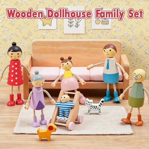 Wooden Dollhouse Family Figures Set, Miniature People Accessories for Pretend Play, for Kids Boys Girls, Ages 3 and up in Kuwait