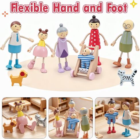 Wooden Dollhouse Family Figures Set, Miniature People Accessories for Pretend Play, for Kids Boys Girls, Ages 3 and up in Kuwait
