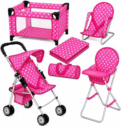 fash n kolor 4 Piece Baby Doll Play Set Flower Design Includes - Foldable Pack N Play, Baby Doll Stroller, Baby Doll High Chair, Infant Seat, Fits Up to 18'' Doll 4 Piece Doll Accessories Set in Kuwait