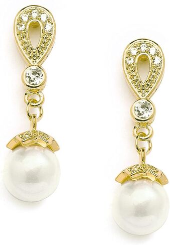 Mariell Vintage CZ and Ivory Pearl Drop Clip On Wedding Earrings for Brides - Genuine Platinum Plated in Kuwait