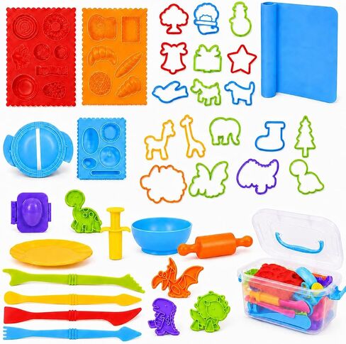 Dough Tool Sets for Kids Age 3-8,Cute Playdough Accessories with Rolling Pin Dough Mat Storage Box,Party Pack Toys for Kids Age 3-5 4-8,Educational Toys Gift for Birthday Christmas Boys Girls in Kuwait