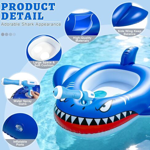 2 Pack Inflatable Shark Pool Floats Kids 3-11 Years, Kids Floaties Swimming Pool Toys with 2 Water Squirt Guns Boys Girls Party Float Ride-on Toddler Floatie with Safety Seat Summer Outdoor Water Game in Kuwait