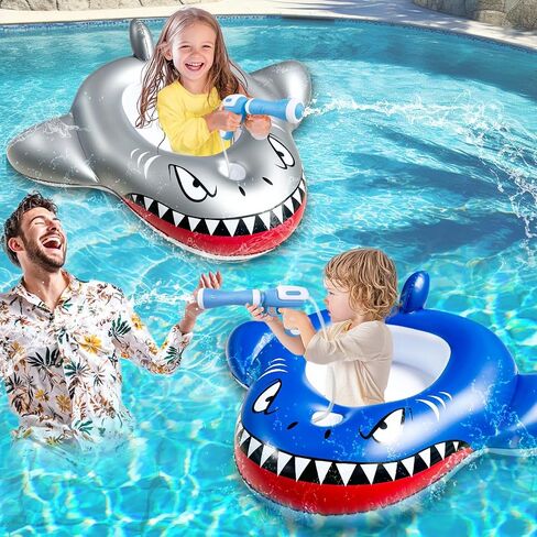 2 Pack Inflatable Shark Pool Floats Kids 3-11 Years, Kids Floaties Swimming Pool Toys with 2 Water Squirt Guns Boys Girls Party Float Ride-on Toddler Floatie with Safety Seat Summer Outdoor Water Game in Kuwait