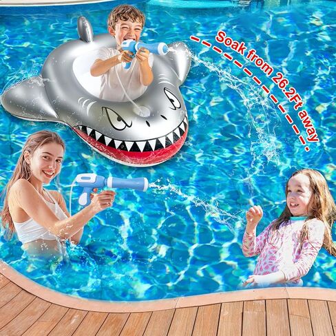 2 Pack Inflatable Shark Pool Floats Kids 3-11 Years, Kids Floaties Swimming Pool Toys with 2 Water Squirt Guns Boys Girls Party Float Ride-on Toddler Floatie with Safety Seat Summer Outdoor Water Game in Kuwait