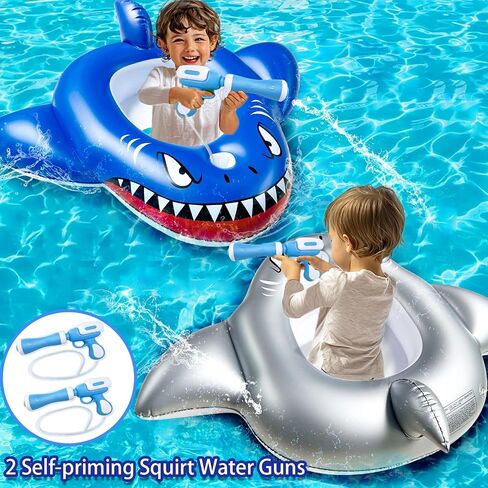 2 Pack Inflatable Shark Pool Floats Kids 3-11 Years, Kids Floaties Swimming Pool Toys with 2 Water Squirt Guns Boys Girls Party Float Ride-on Toddler Floatie with Safety Seat Summer Outdoor Water Game in Kuwait