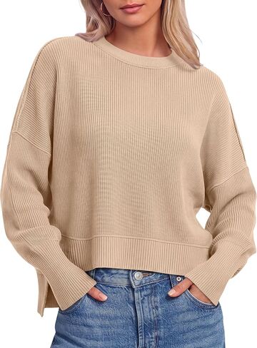 ANRABESS Women Crewneck Cropped Sweater Batwing Sleeve 2023 Fall Oversized Side Slit Ribbed Knit Pullover Sweater Top in Kuwait