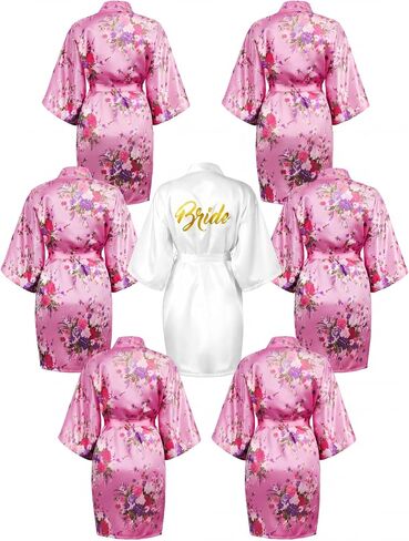 Jecery 7 Pcs Satin Kimono Robes for Women Getting Ready Short Robe Floral Bridesmaid Robes Glitter Bride Robe for Wedding Day Bridal Party Maid of Honor Dressing Gown, Pink & White in Kuwait